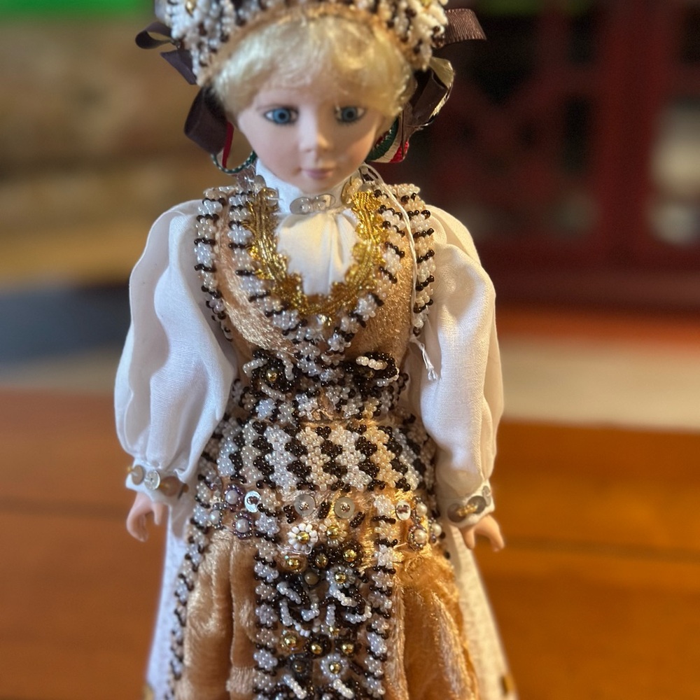 vintage porcelain doll With Elaborate Beading On Dress